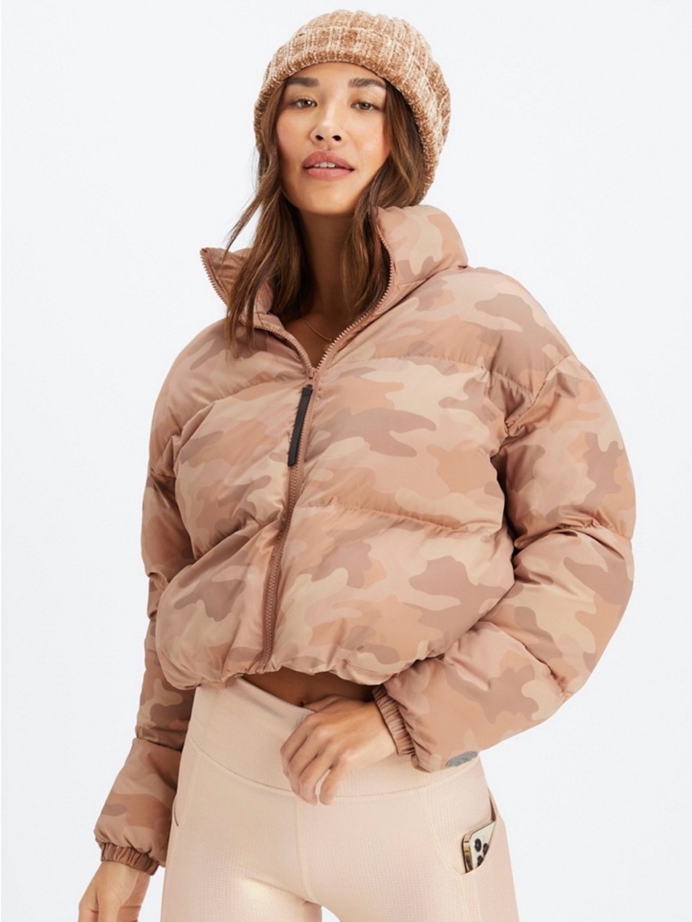 Fabletics Wander Cropped Puffer (Teddy Large Camo/Willow Bark Logo)